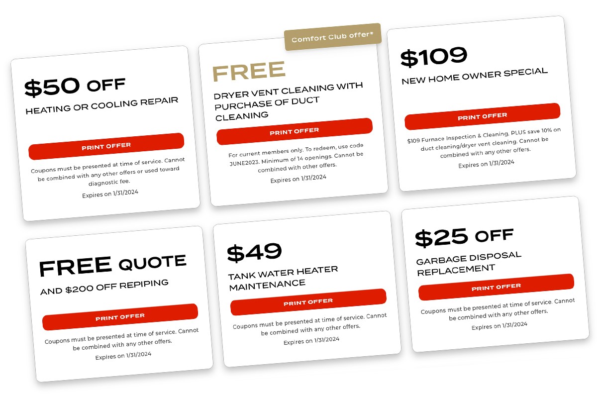 Money saving coupons to help you save on HVAC and plumbing services in Lewis Center