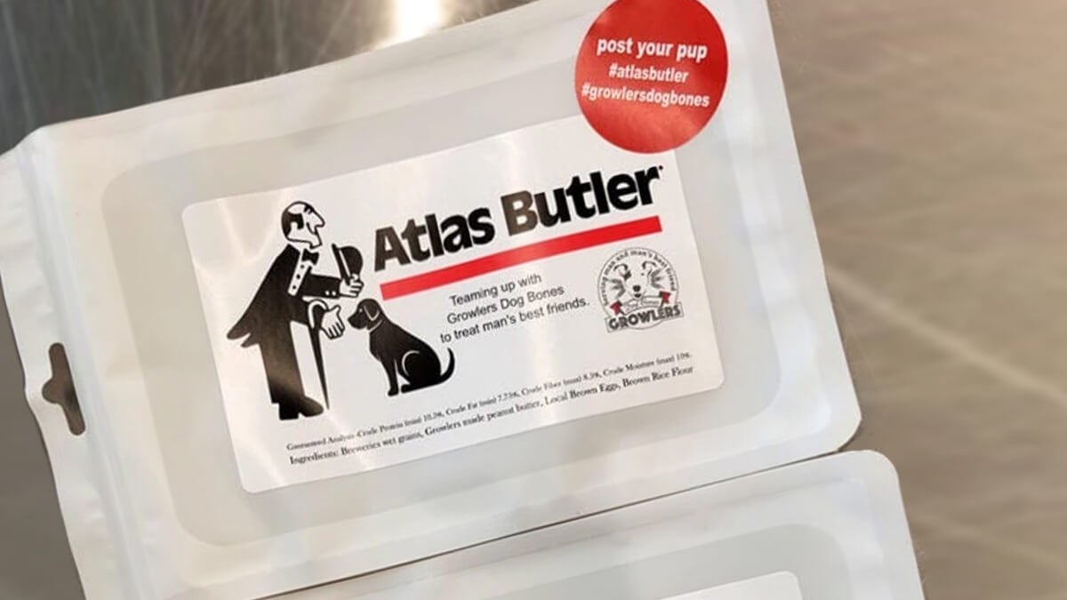 Selaed package of Atlas Butler and Growlers Dog Bones dog treats for man's best friend.